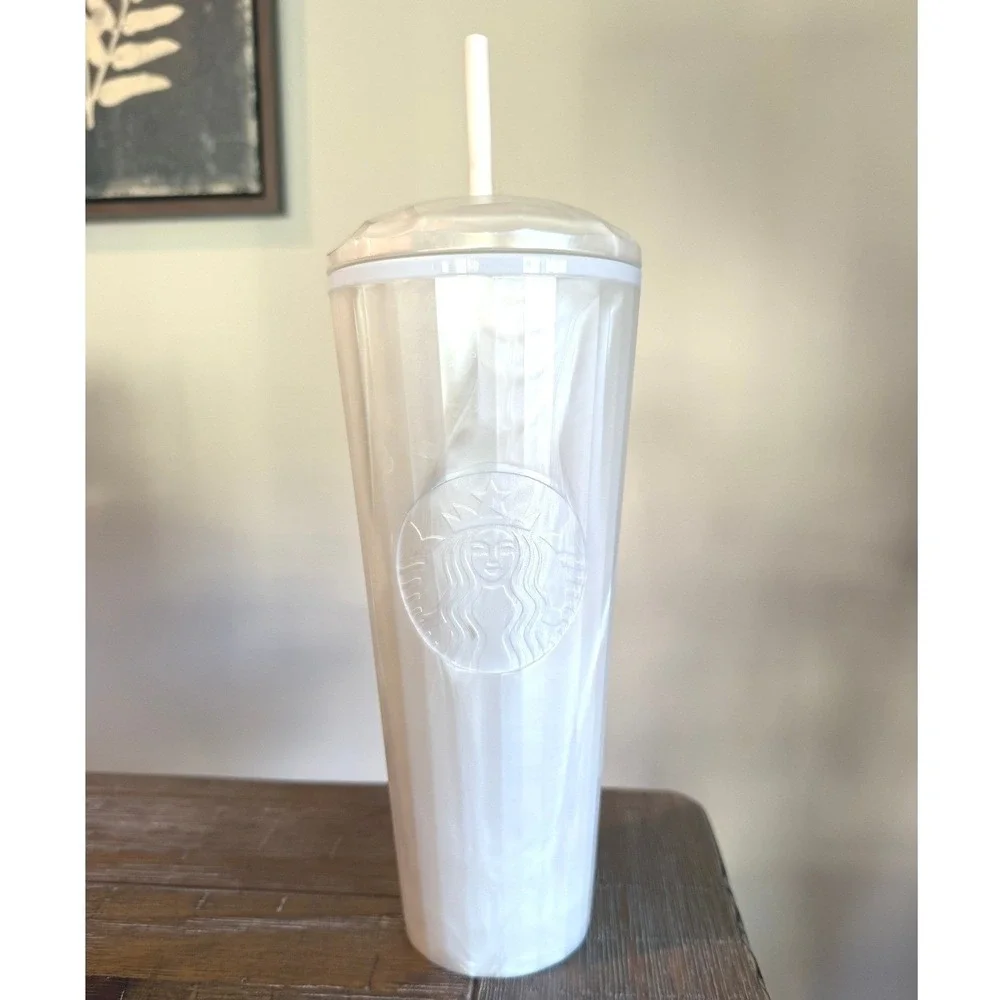 Starbucks‎ 24oz Venti White Pearl Faceted Tumbler Cold Cup Dome Lid Straw Coffee